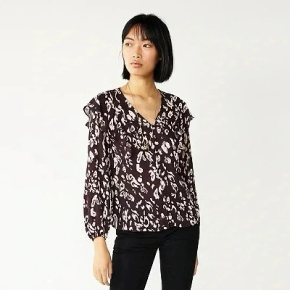 Nine West | Dark Plum Women’s Flounce Trim Long Sleeve Blouse Plus Size XXL NWOT